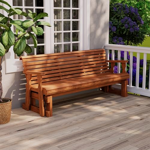 Image of Amish Heavy Duty 800 Lb Roll Back Pressure Treated Porch Glider with Cupholders (6 Foot, Cedar Stain)
