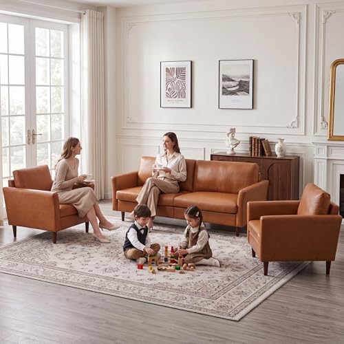 Image of Kingfun 3 Piece Living Room Furniture Sets, 3 Seater Couch and 2 Armchair, Faux Leather Couch Set, Mid Century Modern Sofa Set with Solid Wood Frame for Living Room, Office, Dark Brown