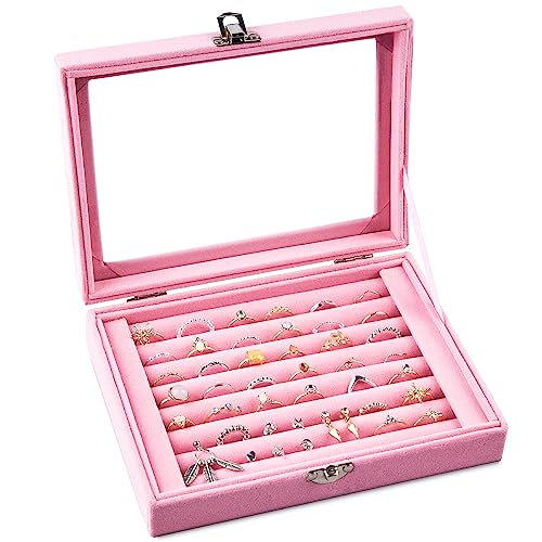 Jutieuo 7 Slots Ring Holder Storage Box Pink Velvet Ring Display Case Jewelry Earrings Necklace Organizer Tray With Top Glass Lid Store Showcase Gift For Women Girls #TOP24