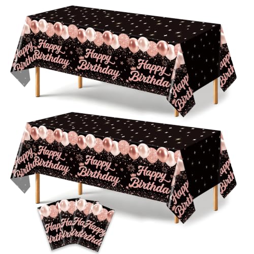 Image of 4 Pack Black and Rose Gold Happy Birthday Tablecloths, 54 x 108 Inch Covers | Rose Gold Birthday Party Decorations for Women, Girls and Teens, Ideal for Cake, Dessert, Gift and Buffet Tables
