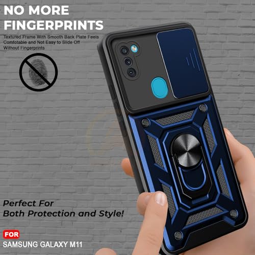 Image of Armor Bumper Back Cover Case for Samsung M11 | Rotating Camera Cover, Ring Holder & Kickstand | Heavy Duty & 360 Degree Protection Samsung M11 Back Cover (Blue)
