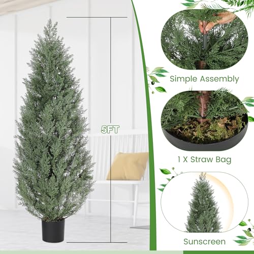 GarveeHome 5 Ft Artificial Topiary Trees Set of 2, Uv Resistant Faux Cedar Porch Tree with Decorative Grass, Potted Fake Evergreen Cypress Plants for Indoor Outdoor Decorations