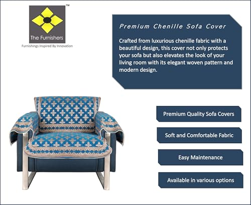 Image of Premium Chenille Woven Anti-Slip 1 Seater Sofa Cover with Arm Rest | L-Shape Sofa Seat Protector for Living Room | Durable & Stylish Slipcover - Turquoise - Floral