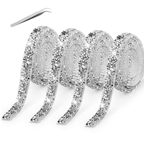 Lot de 4 rouleaux de ruban diamanté autocollant en cristal strass - Ruban de strass argenté - Décoration de mariage - Anniversaire - Avec 1 pince à épiler...