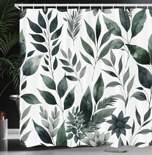 Ambesonne Dark Green Shower Curtain, Bold Leaves Watercolor Botanical Art