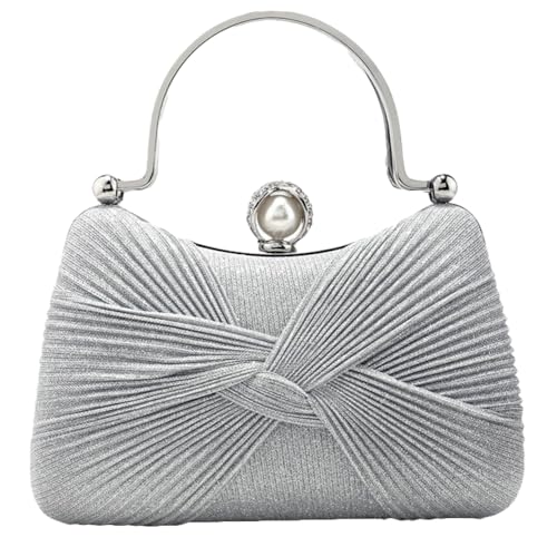 Evening Bag for Women Shiny Pleated Wedding Purse with Chain Round Pearl Clasp Handbag Top Handle Shoulder Formal Purse