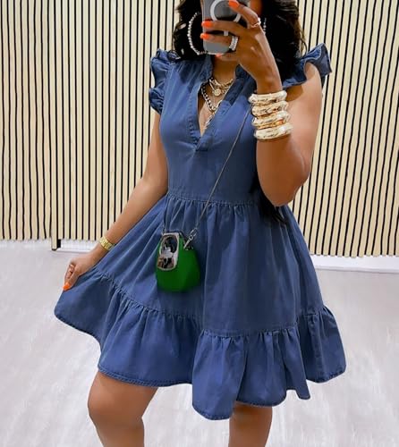 Image of POTILI Denim Dress for Women Mini Jean Dress with Pockets | Ruffle Sleeve, V-neck, Two Side Pockets