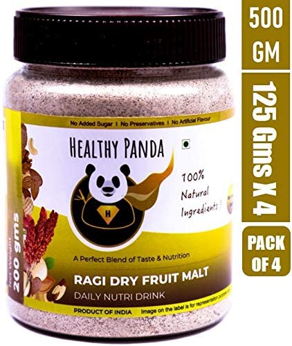 Image of HEALTHY PANDA Organic Sprouted Ragi Dry Fruit Malt & Sprouted Millet Mix - 125g x 4 Pack (500g) | Healthy Ragi Drink Nutritious Superfood Blend for Energy & Wellness Natural Gluten-Free Health Supplement