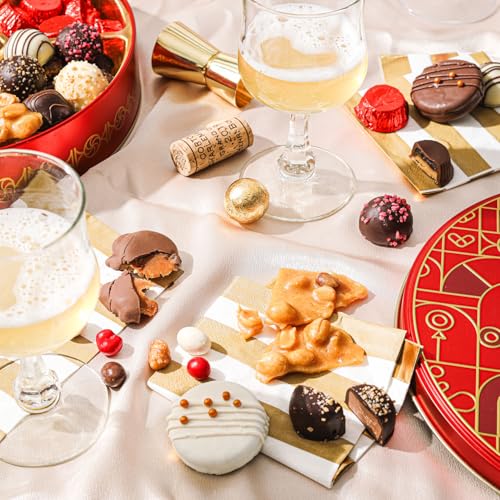 Miniatura 6 de BONNIE AND POP - Lata de regalo de aperitivos navideños, redonda, patrón moderno, surtido de golosinas trufas belgas, oreo cubierto de chocolate,