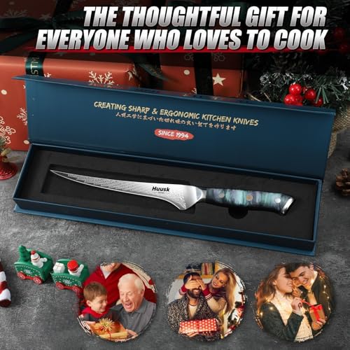 Image of Huusk 7 inch Fillet Knife for Fish, Boning Knife for Meat, Gift for Chef | Flexible Fish Filleting Knife for Salmon, Ultra Sharp Deboning Knife for Meat Cutting Processing, Stainless Full Tang Blade