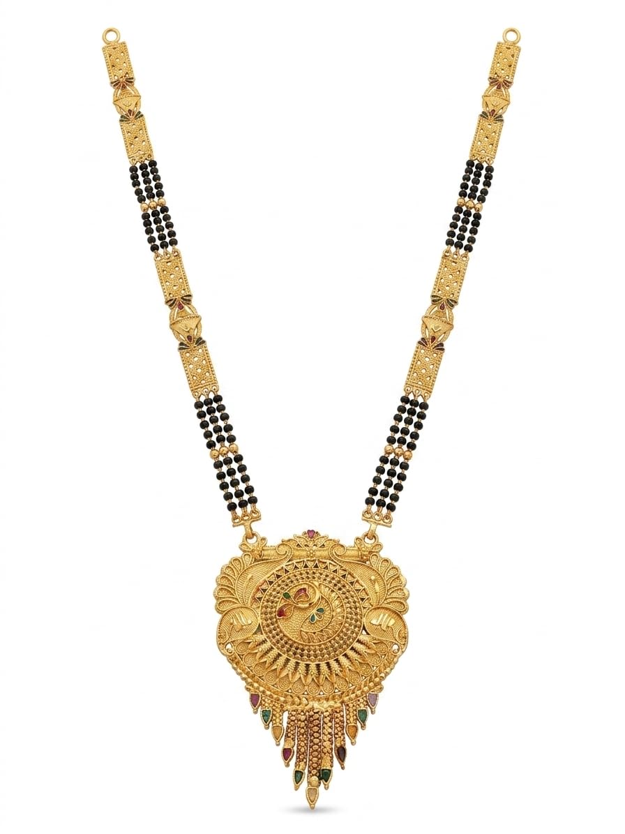 Traditional Gold Plated Mangalsutra for Women | Ethnic Temple Jewelry Pendant with Detailed Meenakari Work & Triple-Strand Black Pot Chain | Indian Wedding & Festive Jewelry-image-28