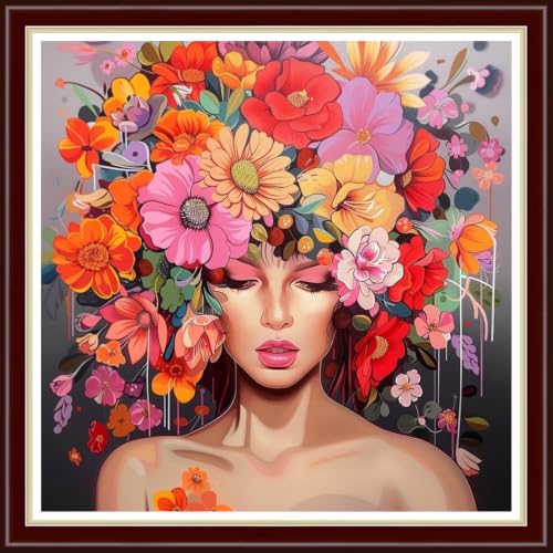 Image of Fanxvivy Stamped Cross Stitch Kits for Beginners Full Range of Cross Stitching Preprinted Embroidery Kits for Adults, 11CT Embroidery Pattern Needlepoint Kits-Abstract Flower Girl 18x18 inchs
