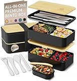 Umami Bento Box Adult All-In-1 w/4 Utensils, Big Sauce Jar, 2 Dividers, 100% Leakproof, Microwave & Dishwasher Safe, Stackable Bento Lunch Box Containers for Men/Women, Black & Bamboo, 40 oz