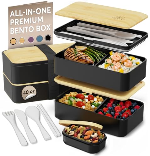 Umami Bento Box Adult All-In-1 w/4 Utensils, Big Sauce Jar, 2 Dividers, 100% Leakproof, Microwave & Dishwasher Safe, Stackable Bento Lunch Box Containers for Men/Women, Black & Bamboo, 40 oz