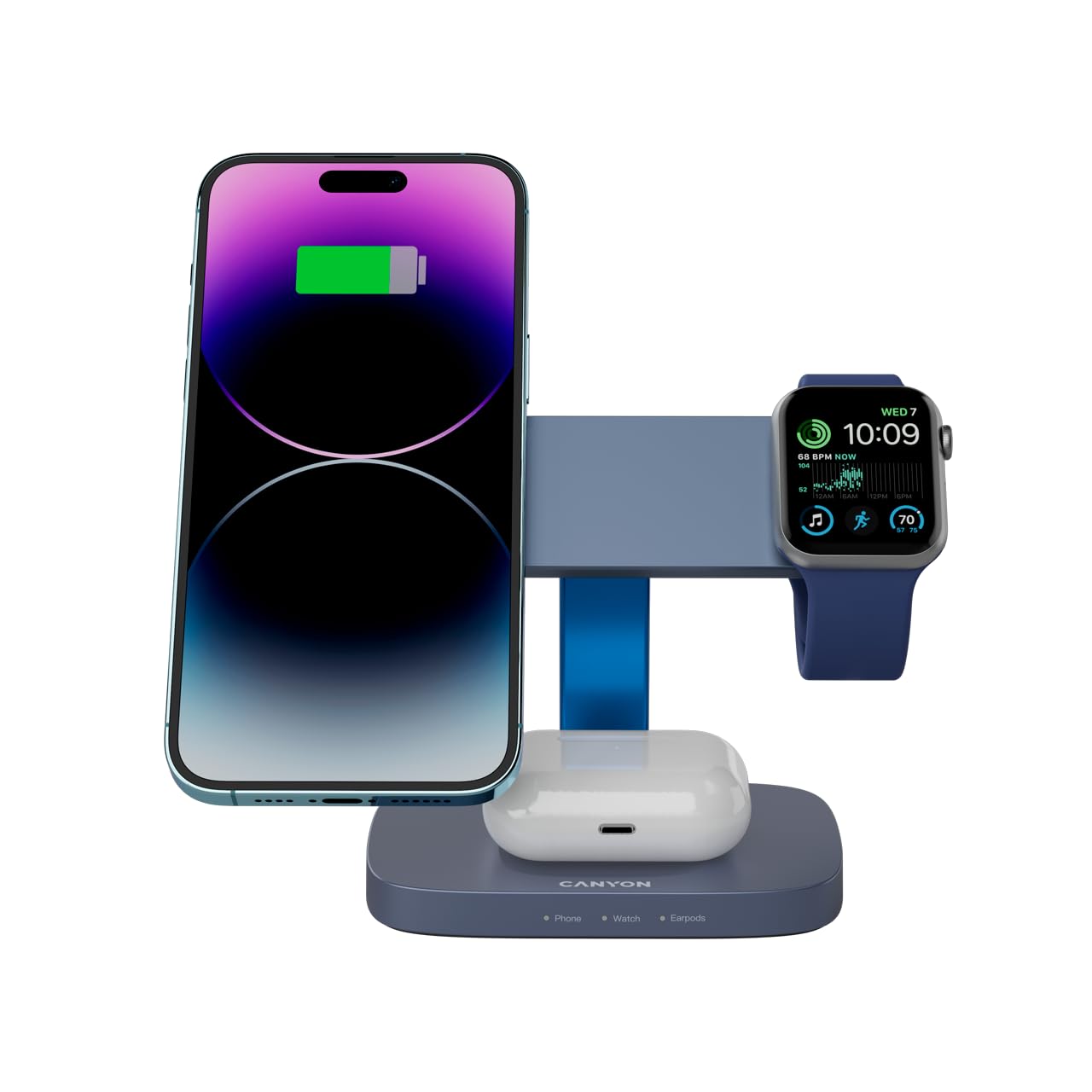 CANYON Hexagon WCS-310 - Estación de carga inalámbrica 3 en 1 para iPhone, Apple Watch y AirPods, cargador Qi rápido de 15 W, orientación magnética, indicador LED, adaptador de 20 W, gris oscuro/azul