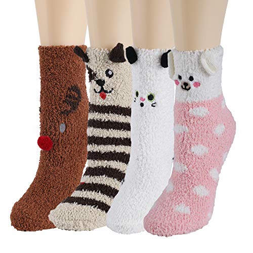 4 Pairs Women Fuzzy Fluffy Socks Soft Cozy Cute Animals Slipper Socks