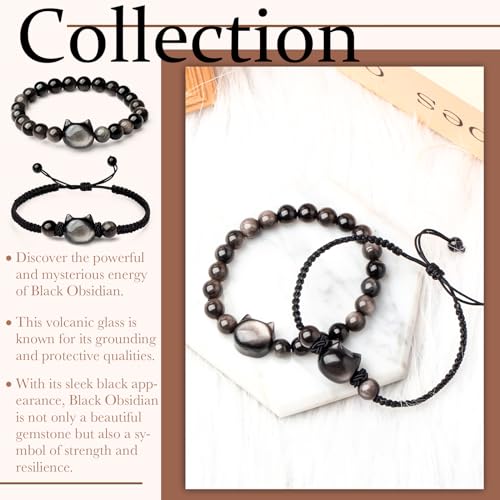 2 Pcs Cat Black Obsidian Bracelet Set Money Wealth Mood Beaded Bracelet Rope Bracelets for Men Women Stretch Bracelet Good Luck Feng Shui Bracelets Gifts Jewelry for Boyfriend Husband Father3