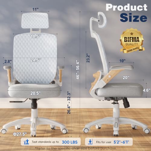 Image of Ergonomic Office Chair, High Back Home Desk Chair with Flip-Up Arms, 3D Headrest, 90-120 Tilt and Wide Cushion Seat, Big and Tall Computer Chairs for Man Woman, Mesh Chair Black Woodgrain