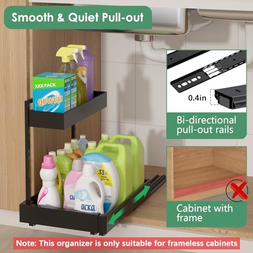 Image of REALINN Under Sink Organizer, L-Shaped Pull Out Cabinet Rack for Kitchen | Expandable Width, 6-Level Height, Quiet Sliding Rails, Heavy-Duty Alloy Steel Frame, Pipe Clearance Design for Tight Cabinets