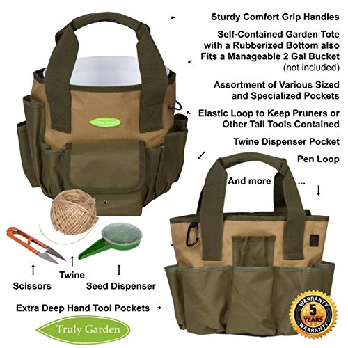 Truly Garden 2 Garden Tote and Gallon Bucket Organizer with Garden Tools. This makes the perfect Gardening Gift. It includes twine, scissors, seed dispenser, and 3 tough garden tools