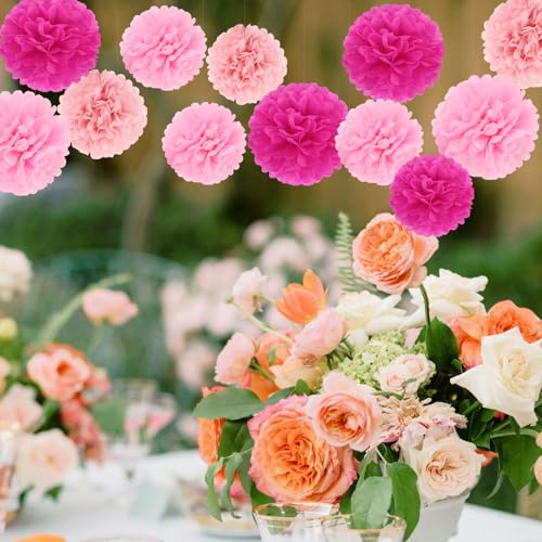 Image of BestoFun 16Pcs Party Decorations - Hot Pink Pom Poms, Paper Flowers for Wedding, Birthday, Engagement Receptions & Bridal Shower