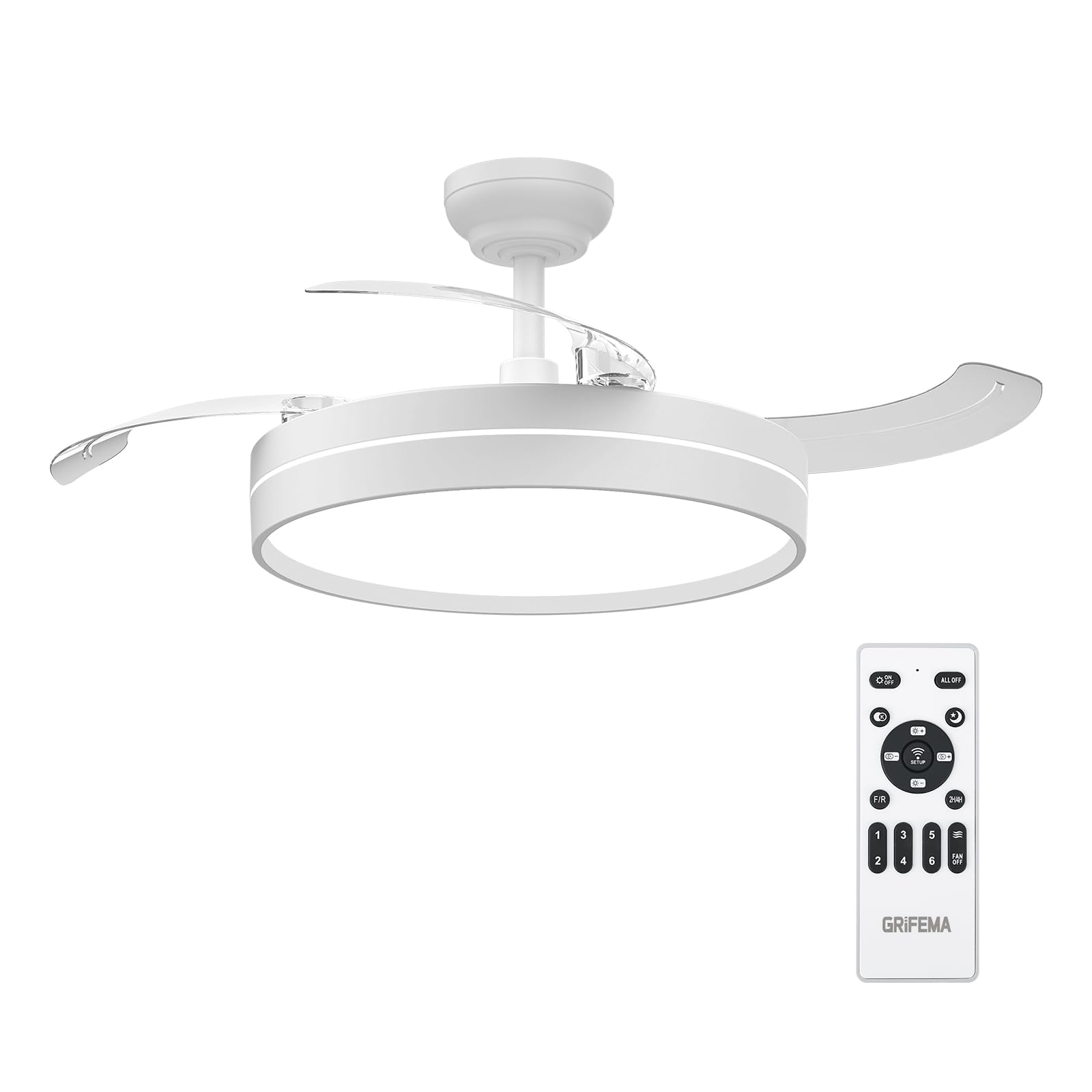 GRIFEMA Ceiling Fan with Light and Remote Control, Silent Retractable Ceiling Fan with DC Motor 30W, 6 Speeds, Brightness and Color Stepless Dimmable, Memory, 107 cm GD105
