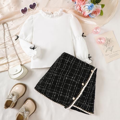 Toddler Baby Girl Two Piece Fall Outfits Puff Sleeve Ruffled Collar Shirt Top+Tweed Plaid Skirt Kids Girls Clothes2
