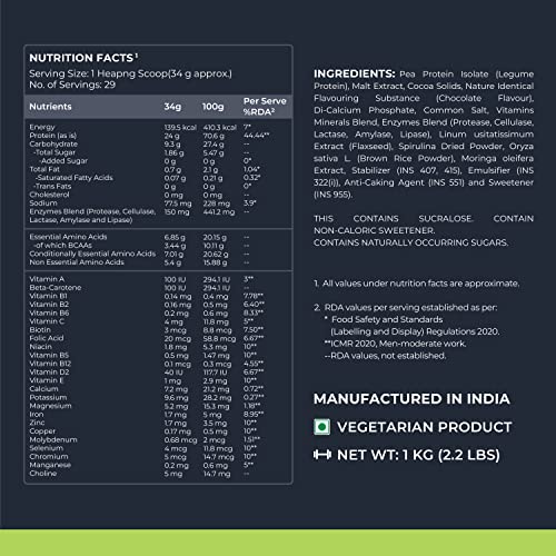 Image of Nutrabay Wellness Vegan Plant Protein Powder + Superfoods 24g Protein per Serving - Complete Amino Acid, Pea & Brown Rice, Sugarfree - 1kg, Rich Chocolate | 100% Authentic Clean Protein