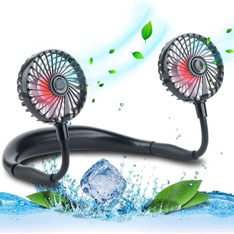 VAGAU Portable Cooling Neck Fan, Rechargeable USB Personal Neck Fan with Colorful LED lights, 360° Rotation, Wearable Neck Fan Air Conditioner for Office Travel Sport, 3 Adjustable Speeds（Black） Cover