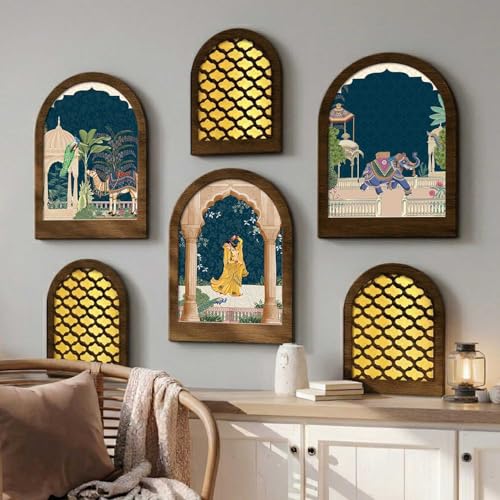 Image of Jharokha MDF Mirror for Home Decor | MDF Traditional Mirrors for Home Decoration | Wall Mirror Decor Hanging for Living Room Bedroom Office Set of 6 (9x12 inch & 7.5x9.5 inch)
