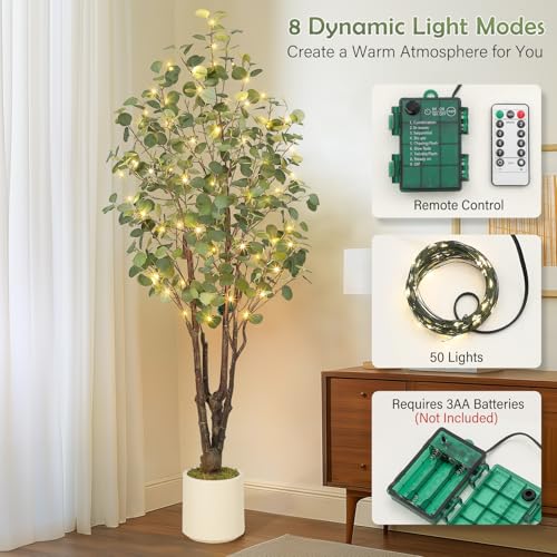 GarveeHome Artificial Eucalyptus Tree, 6ft Tall Fake Artificial Plant with White Planter,Large Faux Floor Plant Fake Silk Trees with 50 Lights Artificial Trees for Home Decor Indoor