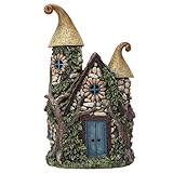 Pacific Giftware Fairy Garden House Decoration Statue with LED Lights Enchanted Stone Cottage with Blue Door and Twin Spires Hand-Painted Polyresin Fantasy Home Decor 10.24' H