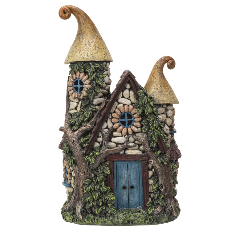 Pacific Giftware Fairy Garden House Decoration Statue with LED Lights Enchanted Stone Cottage with Blue Door and Twin Spires Hand-Painted Polyresin Fantasy Home Decor 10.24' H