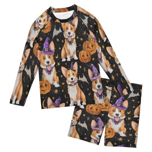 Corgi Dog Halloween Pumkin Boys Swimsuit Rash Guard Toddler Kids Long Sleeve Swim Shirt and Trunks Swimwear Set 3-10Y