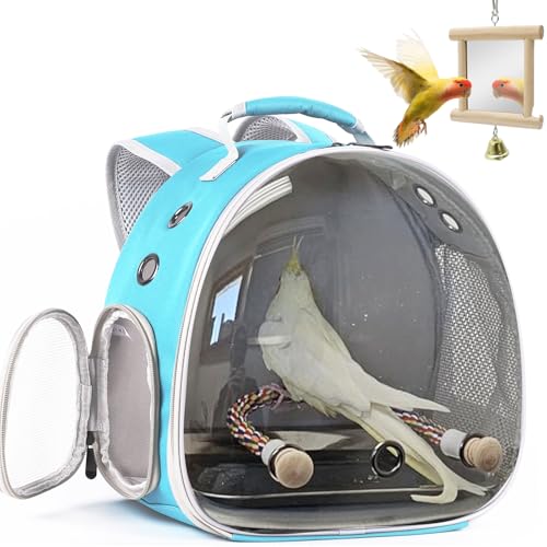 Image of Parrot Travel Carrier Bubble Window Backpack with Mirror Standing Toy,Portable Parrot Cage Backpack with Bird Stand Perch, Pet Travel Bag for Cockatiels, Love Bird,Small Birds