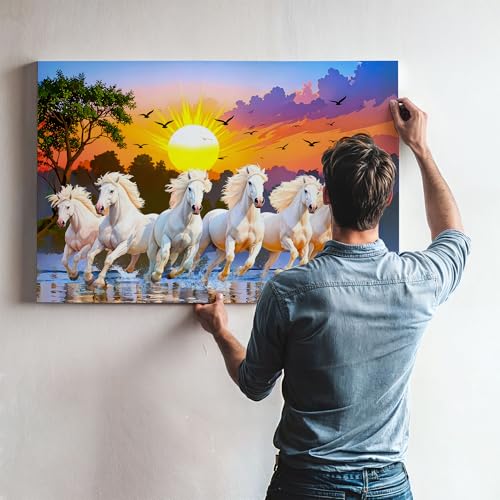 Image of 7 Horses Painting - 24 x 36 Inch Rising Sun Canvas Painting for Wall Decoration | 400 GSM Canvas with Pine Wood Frame | Seven Horse Vastu Wall Decor for Living Room, Office & Bedroom
