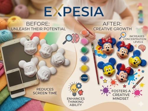 Image of EXPESIA Paint Your Own Figurine Kit for Kids - DIY Ceramic Painting Craft Set with Paints & Brush, Creative Arts and Crafts Activity, Birthday Return Gift, Educational Hobby Kit for Boys & Girls (Made in India (Cartoon Micky)