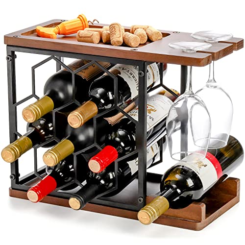 Elsjoy Countertop Wine Rack With Glass Holder, Wood Metal Wine Bottle Rack Free Standing Tabletop Wine Bottle Holder, Wooden Wine Storage Rack For Home, Kitchen, Bar (Hold 7 Bottles And 2 Glasses) #TOP28