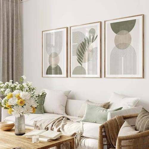Tableau abstrait botanique vert sauge triptyque 50x70 cm style bohème géométrique sans cadre
