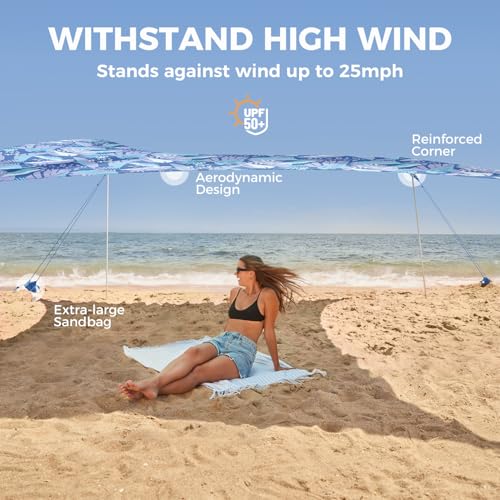 Image of WEKAPO Beach Tent Sun Shelter - Easy Setup Beach Canopy with 4 Sturdy Poles
