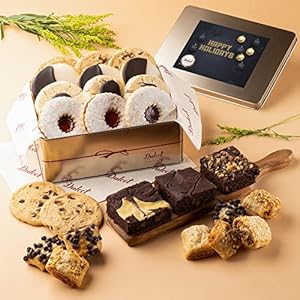 Dulcet Gift Baskets Happy Holidays Assortment Tin Box- Delicious Gourmet Confection Gift Set – Variety Of Freshly Baked Cookies, Brownies & Rugelah In Many Flavors- Handmade Baked Goods Gift Box