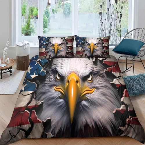 Housse de Couette 160x200 cm Drapeau Américain Parure de Lit Pygargue à Tête Blanche 1 Personne Housse Couette Imprimée 3D Microfibre Douce avec Fermeture...