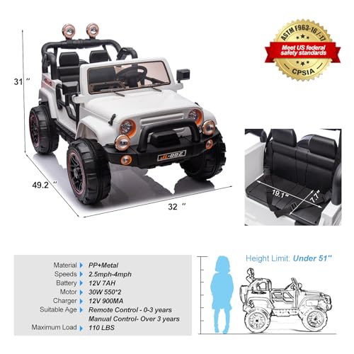 JOYLDIAS 2-Seater Ride On Truck and Car Cover, 12V7AH Battery Powered Toys Car for 2 Kids with Remote Control, Music, MP3, Bluetooth, LED Lights, 3 Speeds, Spring Suspension for Boys and Girls, White - Image 5