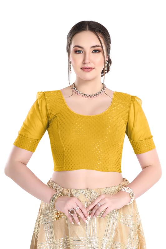 Image of FINESTFIT Stay On Trend Fashion 100% Cotton Readymade Blouses for Women,Round Neckline with Organza Balloon Sleeves.
