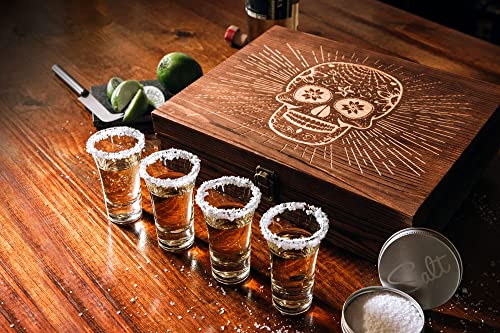 Atterstone Tequila Shot Glass Sugar Skull Wooden Box Set For Men And Women - 4 Premium Shot Glasses, Garnish Knife, Lime Cutting Stone, Salt Tin, Perfect For Themed Parties And Holiday Gifts #TOP2
