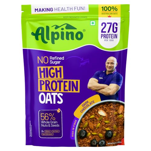 Image of ALPINO 27g High Protein Oats Dark Chocolate 400g - Rolled Oats, Protein Blend, Jaggery Powder, Cocoa Powder, Nuts & Seeds - Source of Dietary Fibre & Healthy Fats, No Refined Sugar & Salt