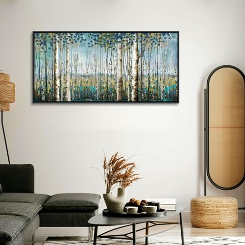 Image of Pogusmavi Tree of Life Wall Art - Large Nature Birch Tree Canvas Painting for Home Decor | Framed Green Artwork for Living Room, Bedroom, and Office | Teal Wall Art Decoration 24x48 Inch