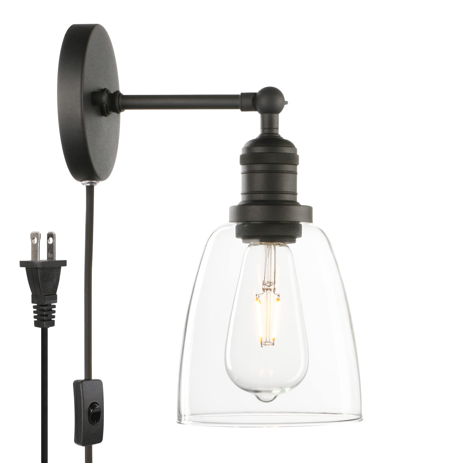 Phansthy Bathroom Vanity Light Matte Black Plug in Wall Sconce with 5.5 Inch Clear Glass Light Shade