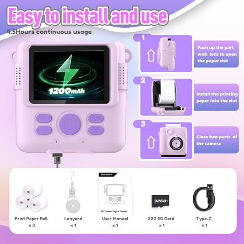 Image of ESOXOFFORE Instant Print Camera for Kids, Christmas Birthday Gifts for Girls Boys Age 3-12,Kids Digital Cameras for Toddler, Portable Toy for 3 4 5 6 7 8 9 10 Year Old Girl -Purple