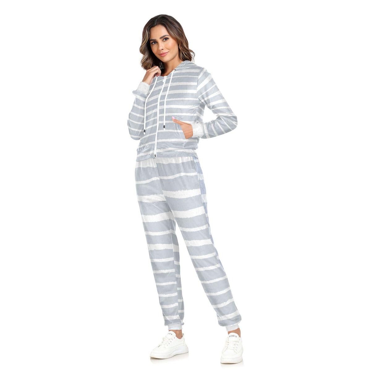 Conjunto deportivo de 2 piezas para mujer, a rayas, color gris, manga larga, conjunto deportivo a rayas